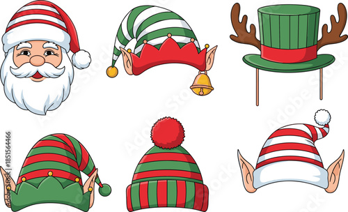 Collection of colorful Christmas party photo booth props including Santa Claus face elf hats and reindeer antlers vector illustration