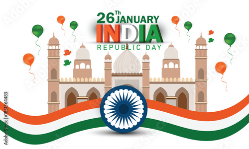 Happy India Republic Day on 26 January Featuring the Indian Flag and India Gate in a National Holiday Celebration Background