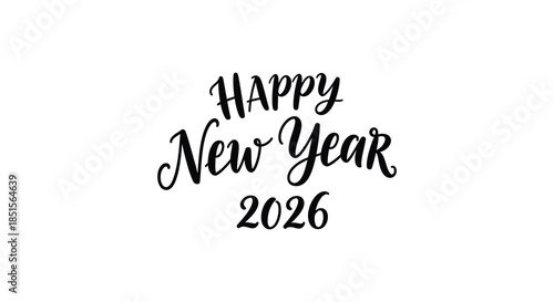 Elegant black calligraphy displays happy new year 2026 on a minimalist white background