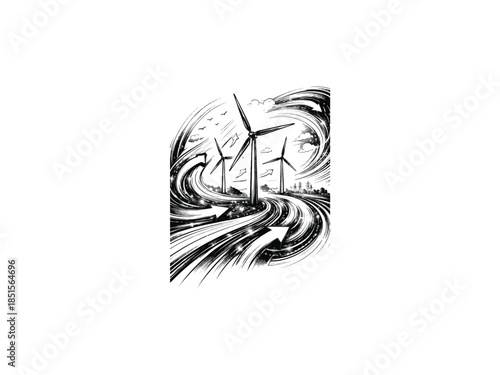 Wind energy landscape with abstract motion lines and energy flow