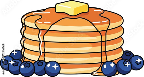 A stack of pancakes with blueberries and butter on transparent background