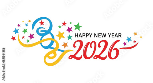 A vibrant and colorful illustration welcomes the new year 2026 with festive stars and swirls