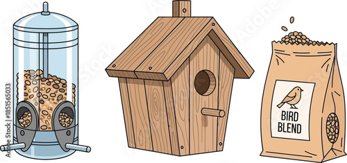 Bird feeders and seed illustration featuring a tube house and bag on transparent background