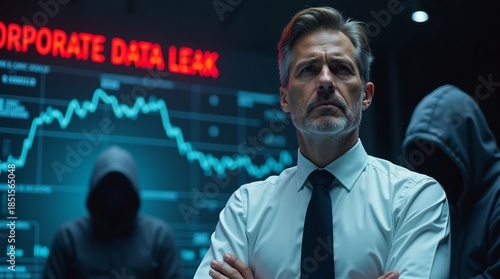 A serious Caucasian male in a white shirt stands against a backdrop of a corporate data leak, flanked by two shadowy figures.