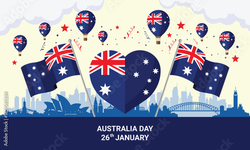 Australia Day Celebration on 26 January with National Flags, Heart Shape and Sydney Skyline