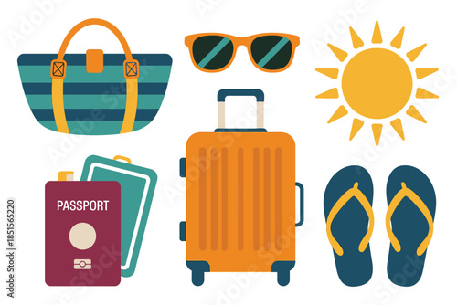 Travel essentials including a suitcase, passport, sunglasses, and flip-flops.