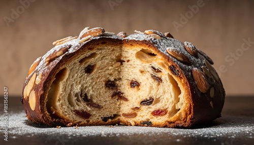 Artisan Raisin Bread with Almonds and Powdered Sugar.