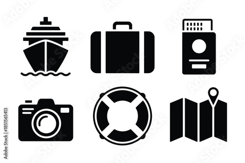 A collection of travel-related icons including a cruise ship, suitcase, and map.