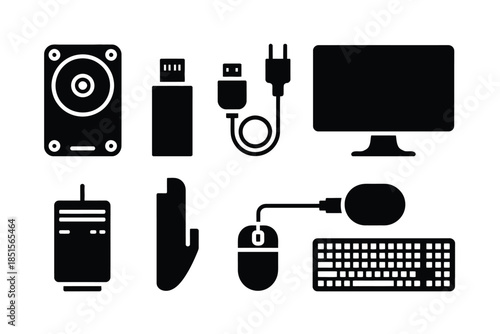 Collection of computer hardware components and accessories.
