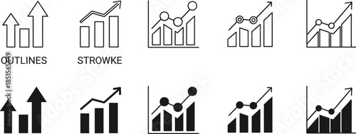 Data Visualization Icons Featuring Bar Charts, Growth Arrows, Trends, Analytics, Performance Metrics, Outlined and Filled Styles, and Graphical Elements