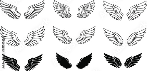Artistic Collection of Stylized Wing Designs in Black and White for Tattoos, Logos, Fantasy Art, and Graphic Inspiration