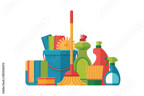 A collection of cleaning supplies including a bucket and mop.