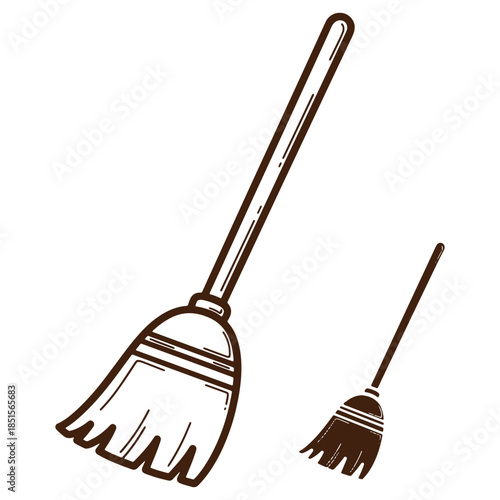 Illustrated Broom and Mini Broom Icons Set for Cleaning and Household Chores