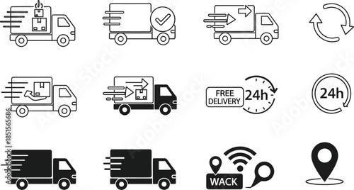 Delivery and Logistics Icons Featuring Trucks, Packages, Speed, Location, Free Shipping, 24h Service, Tracking, Arrows, Flames, and Movement Symbols