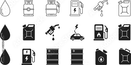 Fuel and Energy Icons Featuring Oil, Gas, Electric Charging, Flame, Droplets, Barrels, Pumps, Vehicles, Cylinders, and Environmental Symbols