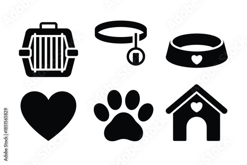 A collection of pet care icons including a carrier, collar, and bowl.
