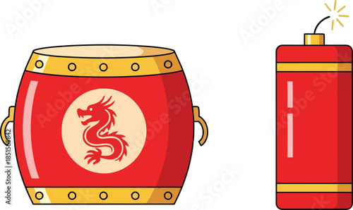 Vibrant chinese new year celebration with lunar drum and firecracker in traditional illustration