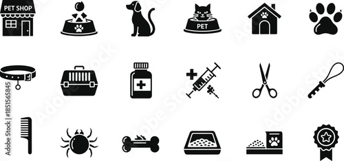 Pet Care Icons Featuring Grooming Tools, Medical Supplies, Food, Accessories, Animals, Hygiene, Safety, Training, and Veterinary Essentials