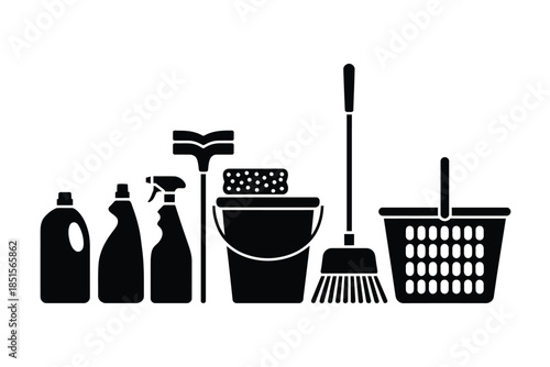 A collection of cleaning supplies and tools is displayed on a white background.