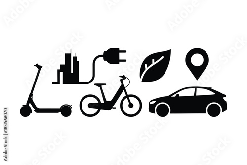 Icons represent electric transport options and urban sustainability.