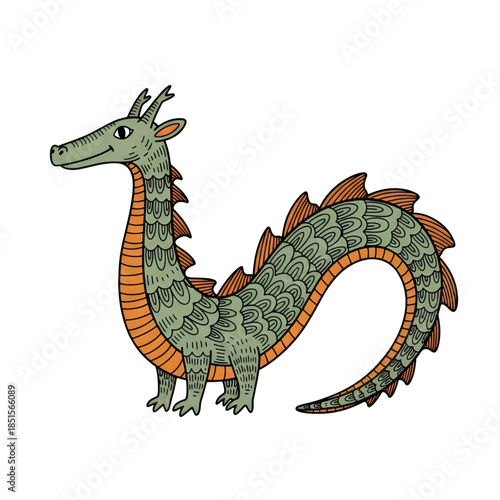 Mythical green dragon with orange accents on transparent background standing strong