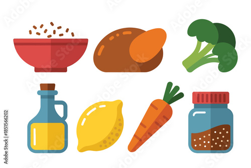 Various ingredients and prepared food items are depicted in this illustration.