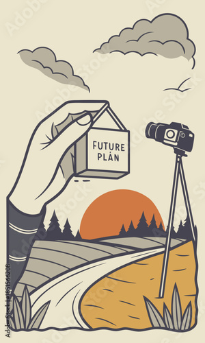 Hand holding a future plan box with a scenic landscape and telescope symbolizing foresight and planning.