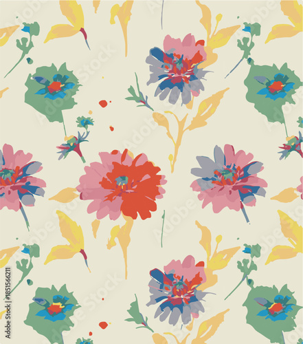 Big flower,Seamless watercolor floral pattern, flowers elements, green leaves branches on dark black background; for wrappers, wallpapers, postcards, greeting 