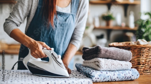 Woman Ironing Laundry in Cozy Home Interior with Folded Clothes and Basket