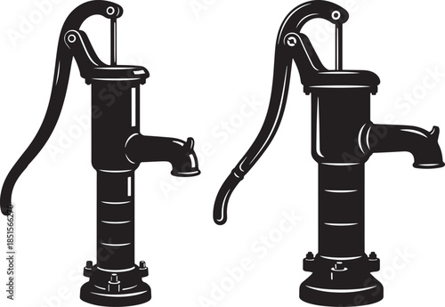Set of two vintage hand water pumps, black and white silhouettes