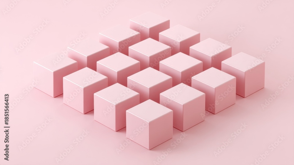 Fototapeta premium An arrangement of pink cubes in a 3D grid formation creates a symmetrical pattern with a monochromatic theme and minimal
