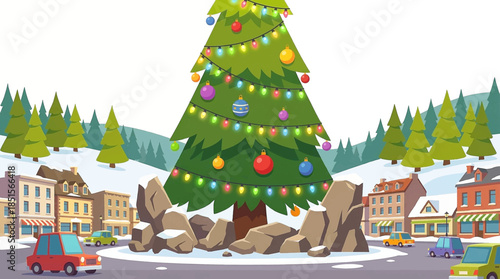 towering Christmas tree decorated with lights and ornaments dominates a city square, surrounded by urban architecture and festive illumination creating a lively holiday atmosphere