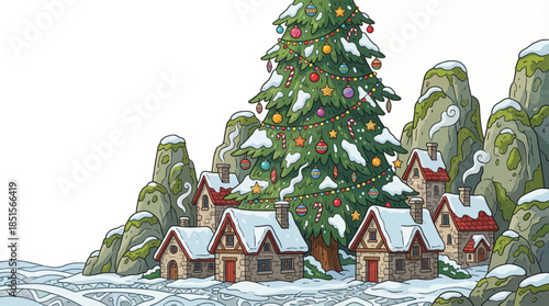 Christmas tree decorated with traditional ornaments stands at the center of a small village, surrounded by snowy houses and warm festive lighting