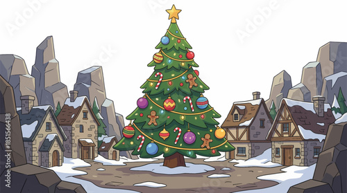 Christmas tree decorated with traditional ornaments stands at the center of a small village, surrounded by snowy houses and warm festive lighting