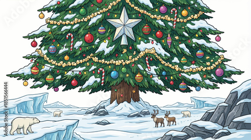 tall decorated Christmas tree rises from an arctic landscape with snow plains and cold blue light, forming a magical and remote winter holiday scene