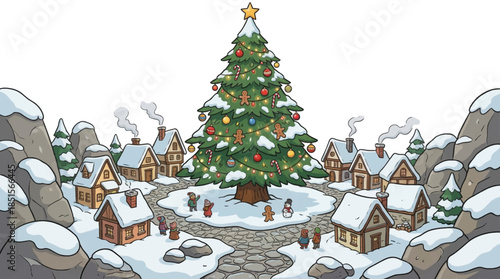 Christmas tree decorated with traditional ornaments stands at the center of a small village, surrounded by snowy houses and warm festive lighting
