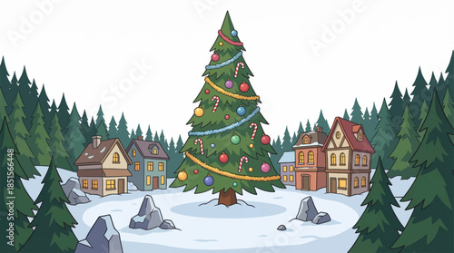 towering Christmas tree decorated with lights and ornaments dominates a city square, surrounded by urban architecture and festive illumination creating a lively holiday atmosphere