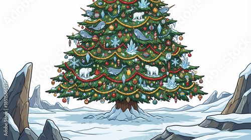 tall decorated Christmas tree rises from an arctic landscape with snow plains and cold blue light, forming a magical and remote winter holiday scene