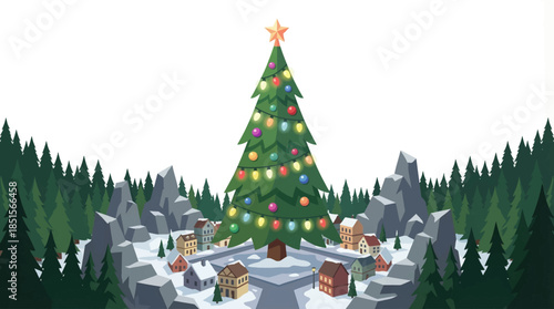 towering Christmas tree decorated with lights and ornaments dominates a city square, surrounded by urban architecture and festive illumination creating a lively holiday atmosphere