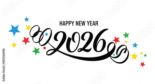 Festive new year celebration design featuring swirling calligraphy and colorful star decorations for 2026