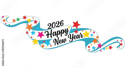A vibrant and colorful graphic design announces a happy new year with the year 2026