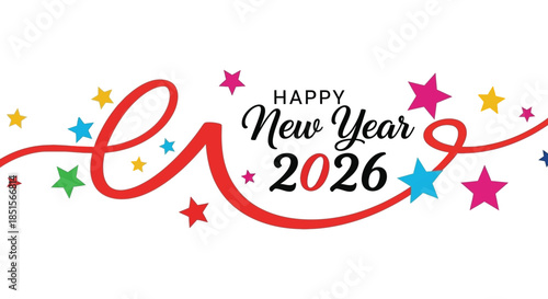 Festive new year design featuring colorful stars swirls and a celebratory message for 2026