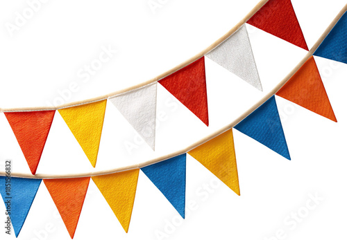 Colorful triangle bunting flags on rope party decoration, isolated on a transparent background