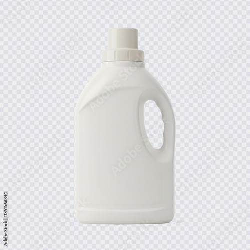 A realistic 3D mockup of a blank white plastic detergent bottle with a handle and cap, isolated on a transparent background for branding.