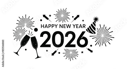 Celebrating the arrival of two thousand twenty six with fireworks champagne and festive party hats