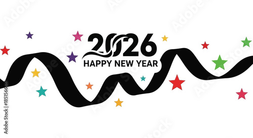 Celebrating the arrival of two thousand and twenty six with festive ribbons and vibrant stars