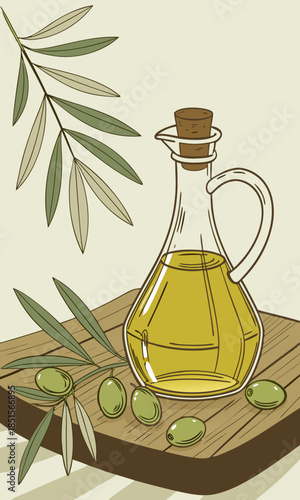 Olive oil in a glass pitcher with fresh olives and leaves.