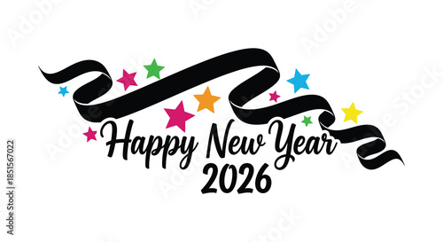 Colorful ribbon with stars and happy new year 2026 text a festive celebratory design