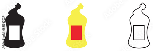 Product chemical flat bleach bottle  icon. Black and colorful plastic spray bottle for household cleaning, hygiene, and disinfectant products isolated on white background.
