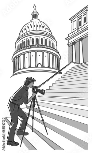 Photographer capturing the United States Capitol Building with a tripodmounted camera focusing on architectural details and the grand staircase.
